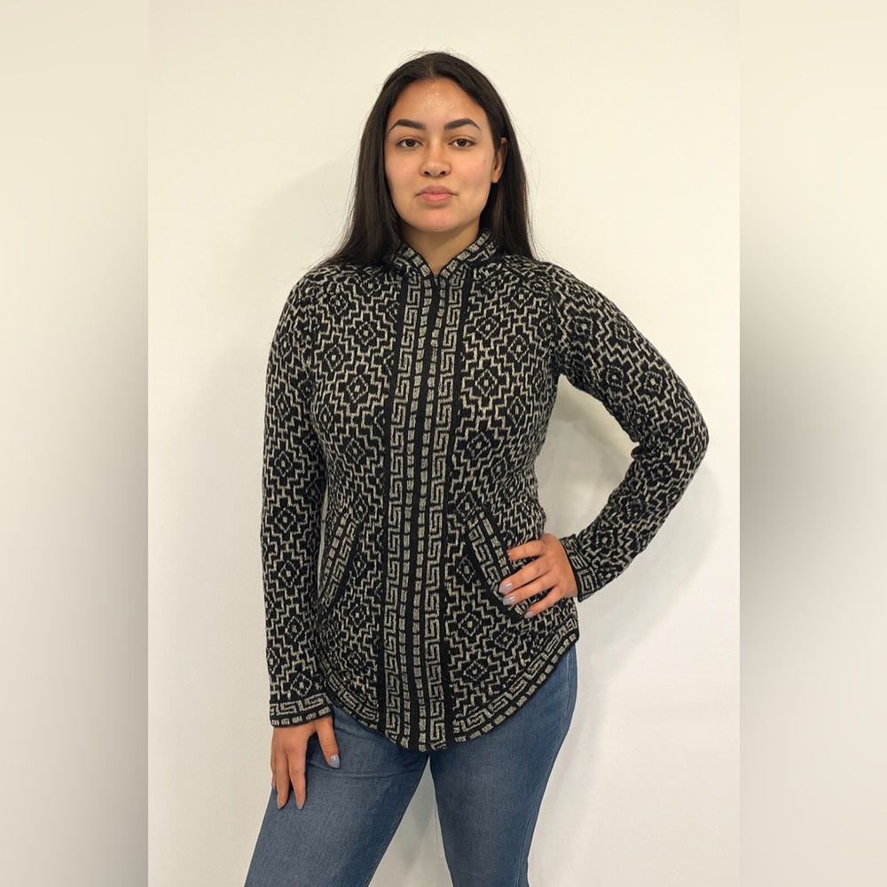 Gamboa Black and White Patterned Alpaca Wool Zip Front Hooded Sweater‎ Sz. M